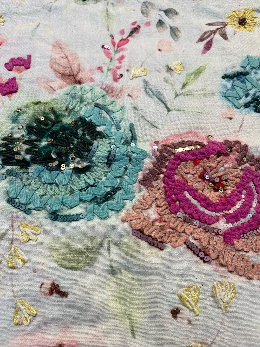 Elie Tahari Floral Appliqué Accent Pillow Cover in Teal, Pink & Cream